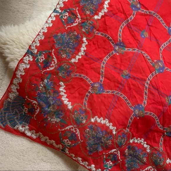 Vintage Hand Edge Rolled Silk Blend Colorful Floral Calico Scarf - Picture 2 of 4